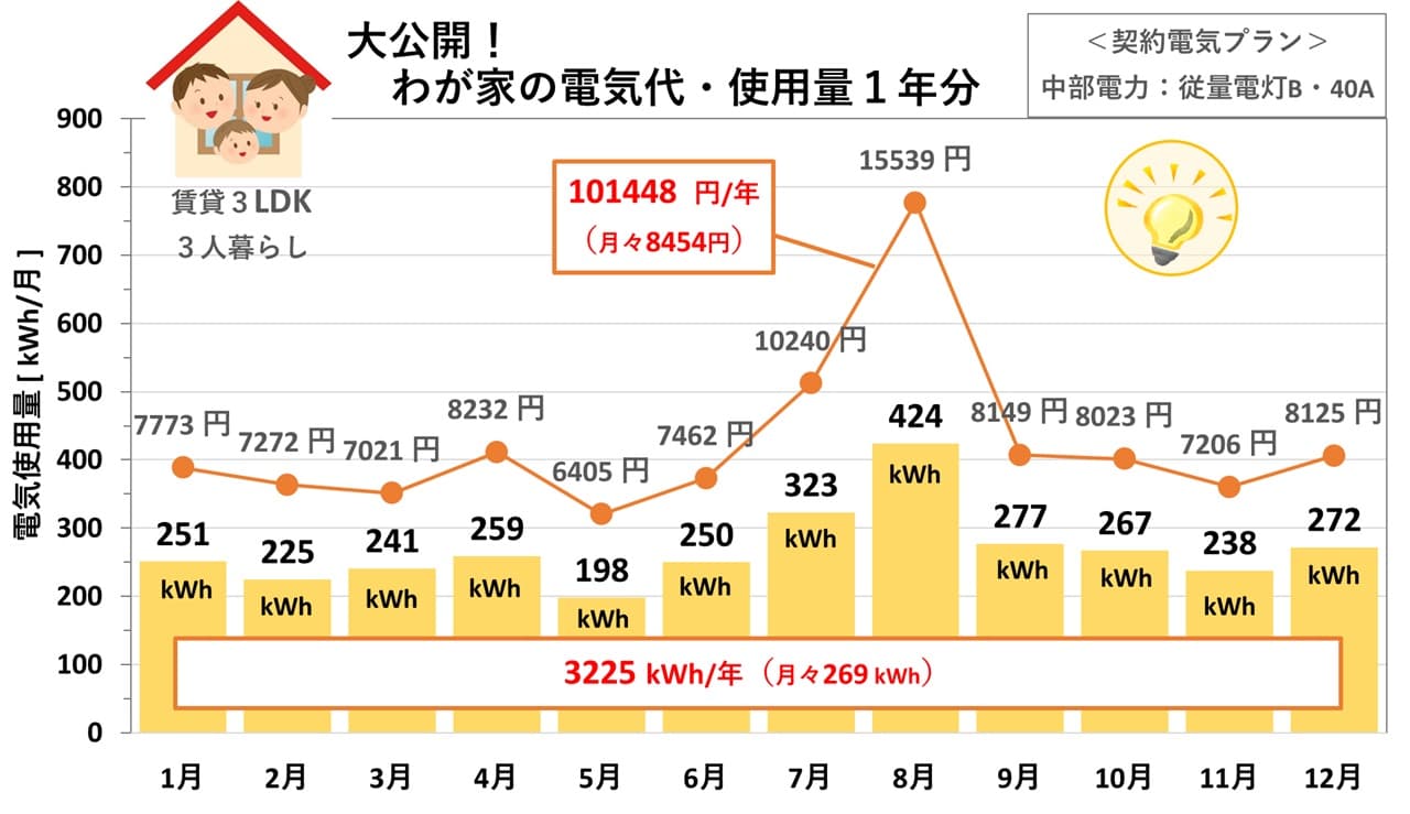 3人家族・賃貸3LDKアパートの電気代1年分｜電気使用量・電気代の月額状況～年間平均・合計を示したグラフ