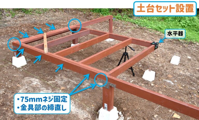 【簡単DIY】2×4材で小屋の基礎~土台を傾斜地に作ってみた!材料・道具~作り方 | モクの村